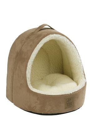 Hooded Tan Suede & Sheepskin Cat Bed by House of Paws