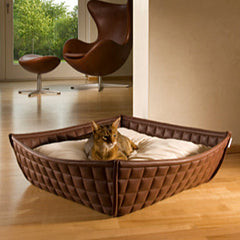 Luxury Faux Leather Bowl Cat Bed Brown Cream