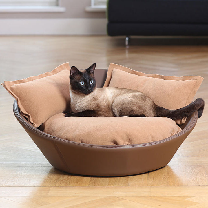 Luxury Faux Leather Mila Cat Bed Nougat Caramel 2