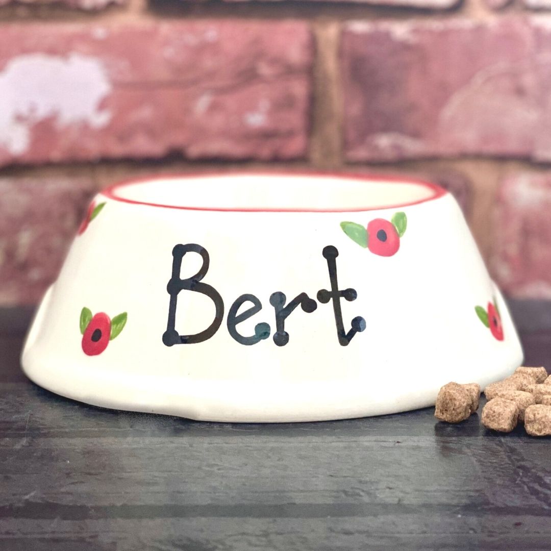 Personalised Ceramic Slanted Poppy Design Cat Bowl 3