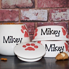 Personalised Ceramic Paw Print Cat Bowls & Treat Jar Set