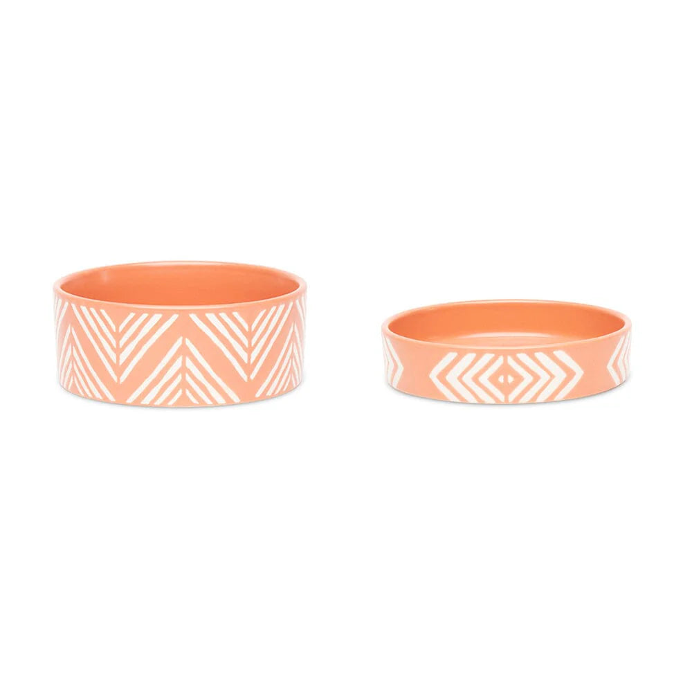 Aztec 2 Piece Cat Food Bowl & Saucer Set - Terracotta Orange