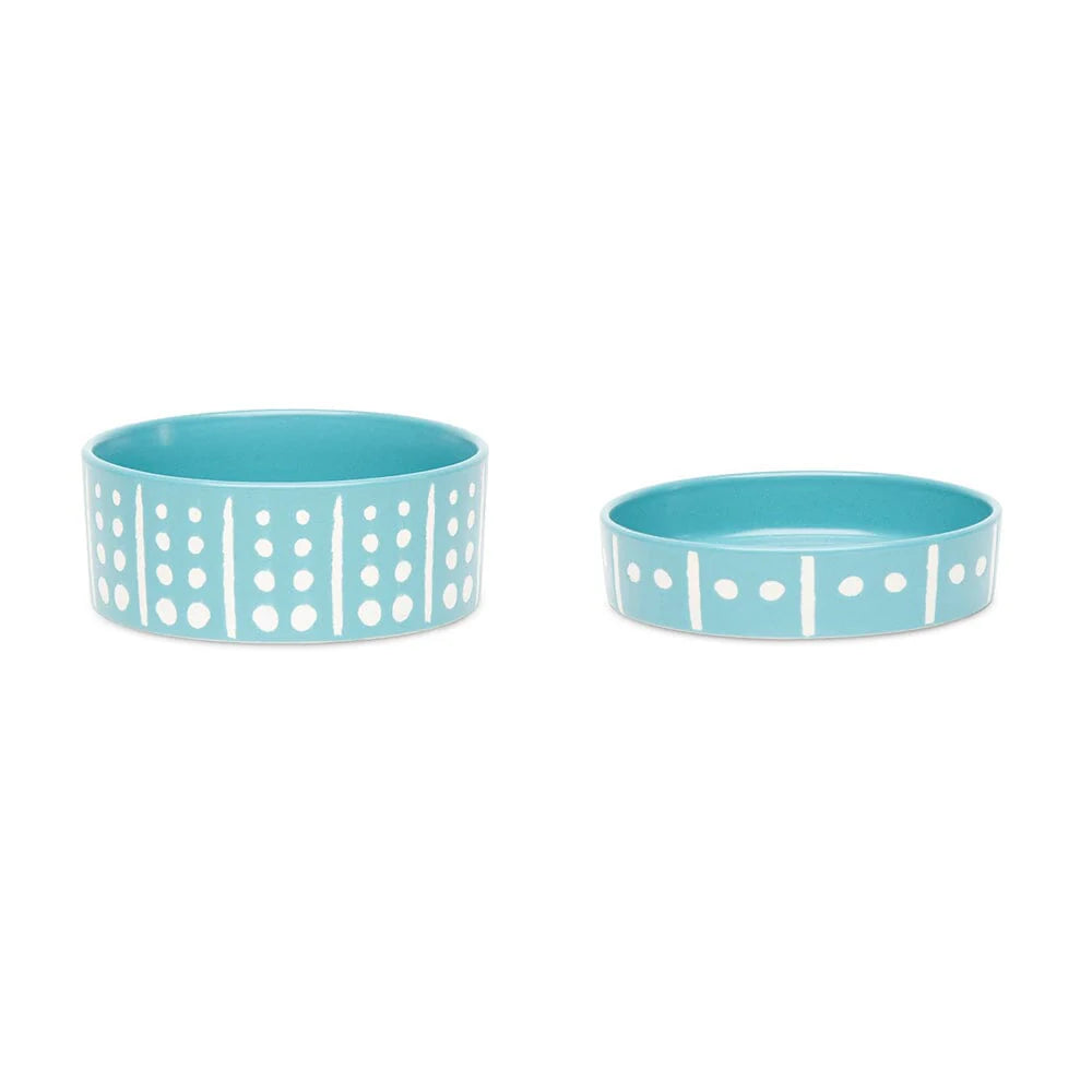 Aztec 2 Piece Cat Food Bowl & Saucer Set - Turquoise Blue