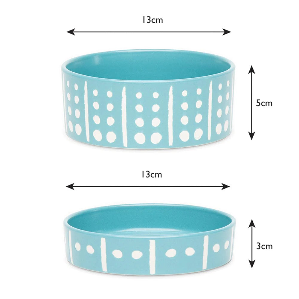 Aztec 2 Piece Cat Food Bowl & Saucer Set - Turquoise Blue