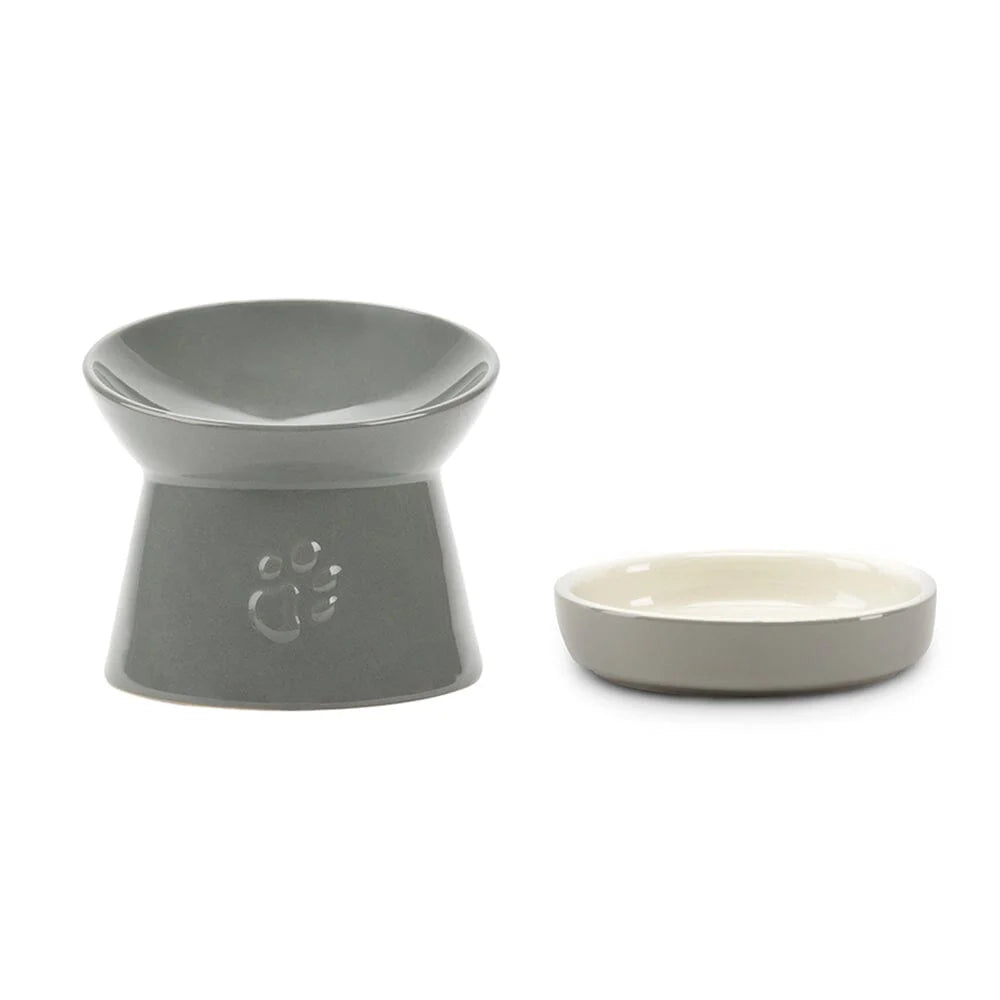 Classic Raised Cat Feeder Bowl & Saucer Set - Grey