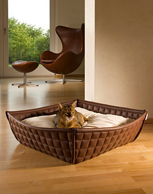 Luxury Faux Leather Bowl Cat Bed Brown Cream
