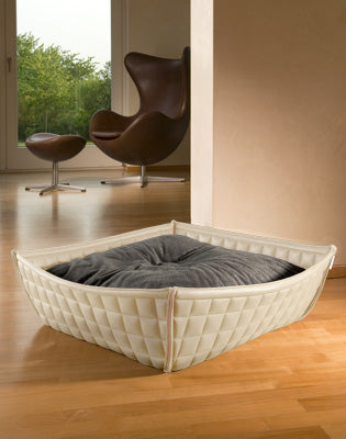 Luxury Faux Leather Bowl Cat Bed Cream Grey