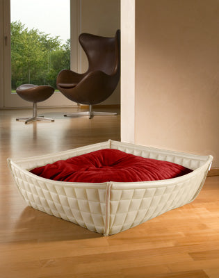 Luxury Faux Leather Bowl Cat Bed Cream Red