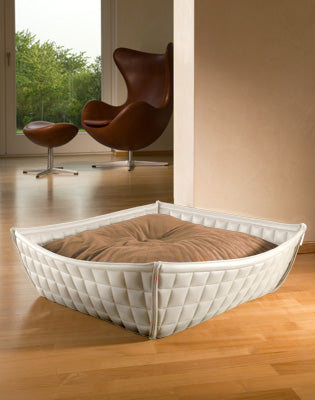 Luxury Faux Leather Bowl Cat Bed White Caramel