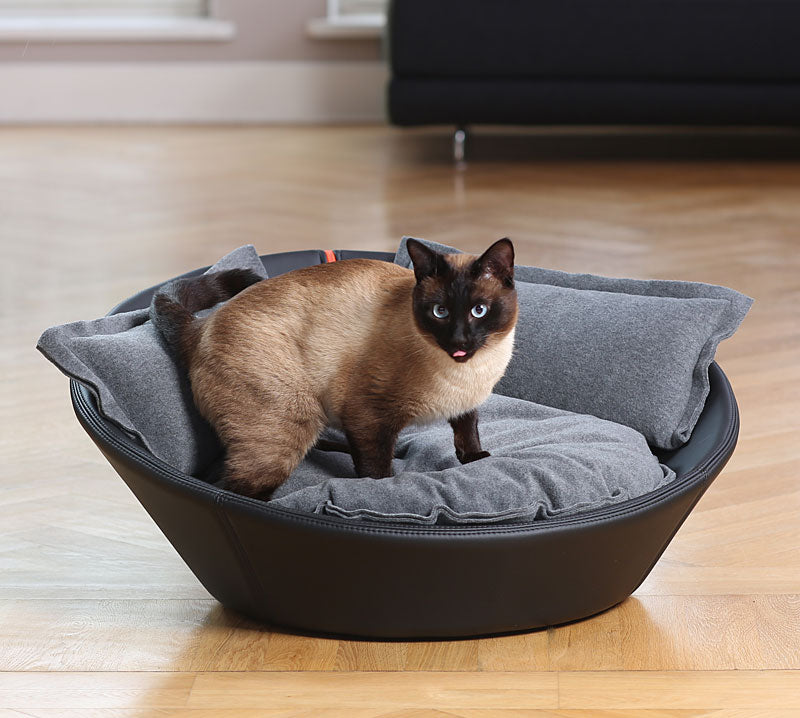 Luxury Faux Leather Mila Cat Bed Black Grey