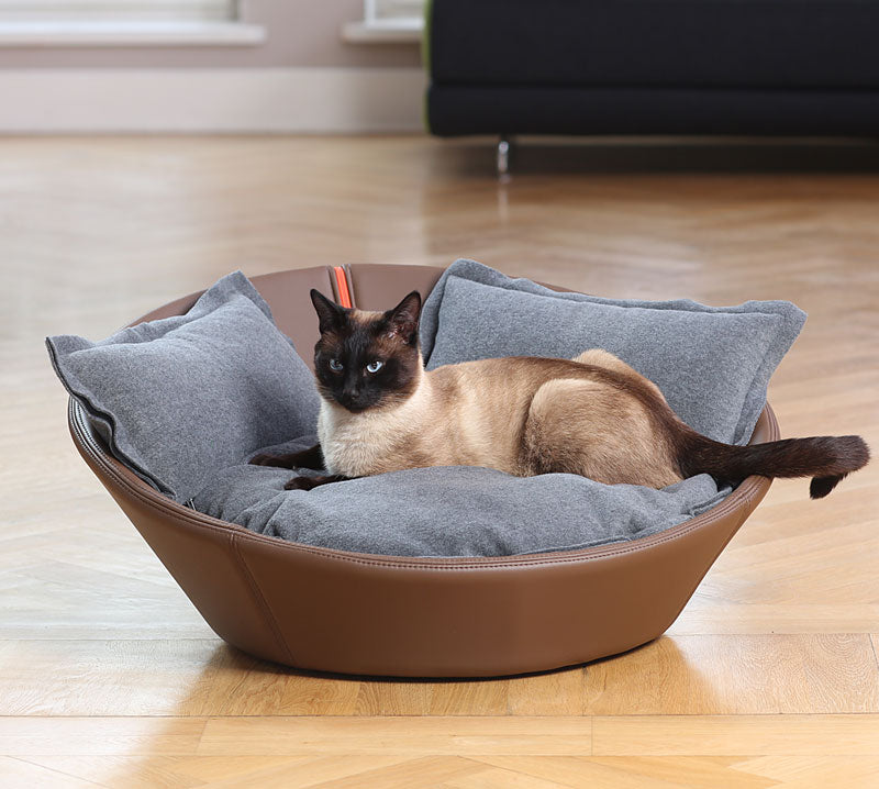 Luxury Faux Leather Mila Cat Bed Brown Grey
