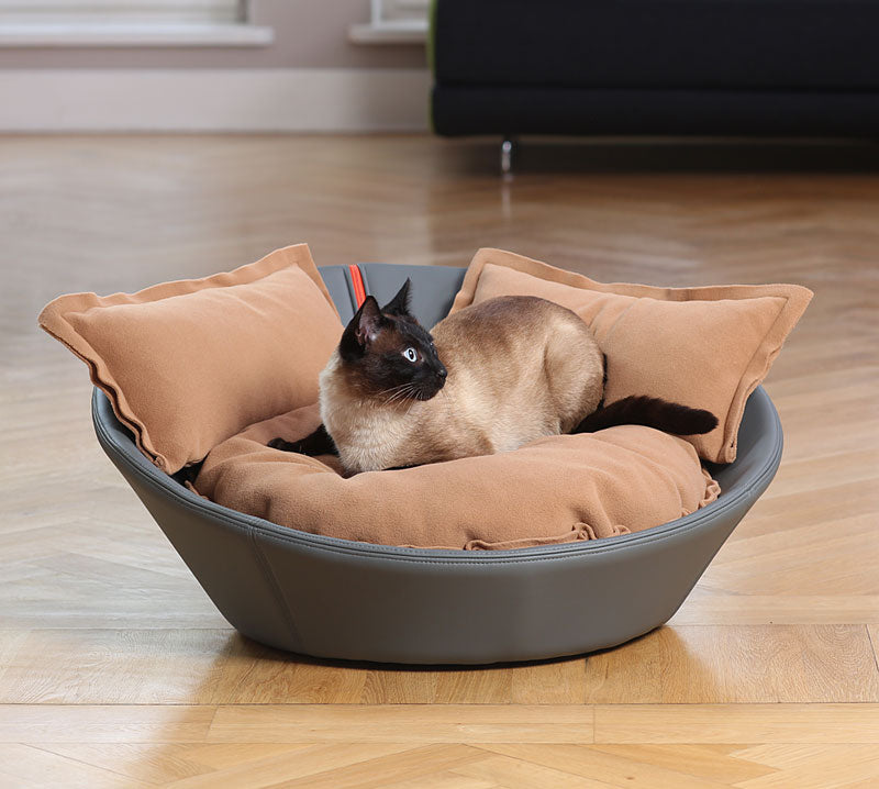 Luxury Faux Leather Mila Cat Bed Grey Caramel