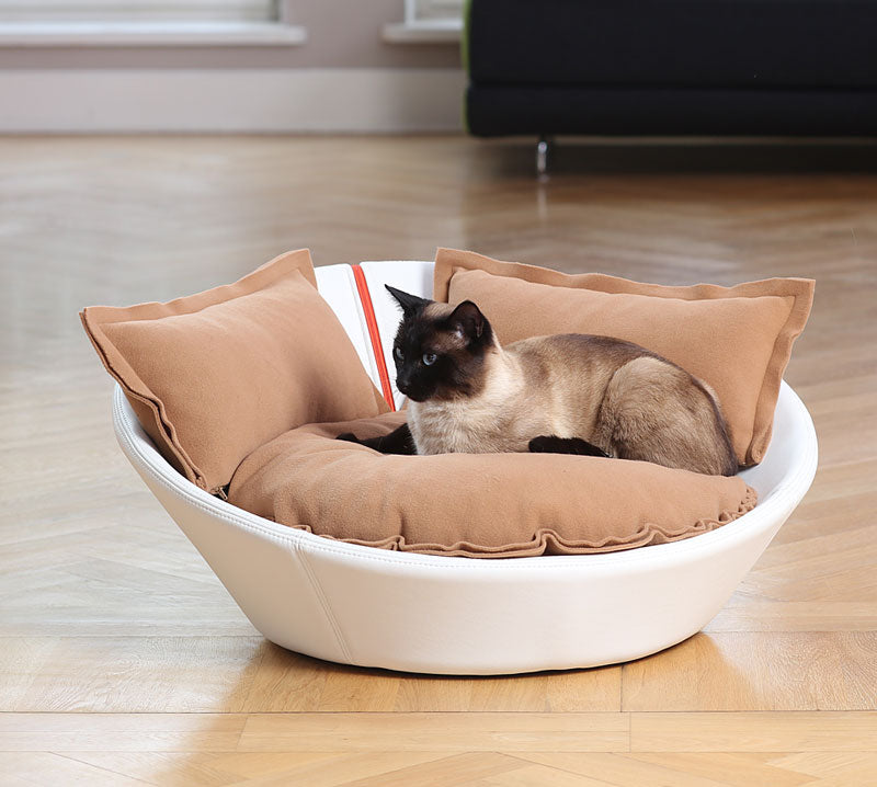 Luxury Faux Leather Mila Cat Bed White Caramel
