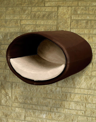 Luxury Rondo Wall Faux Leather Cat Bed Brown Cream