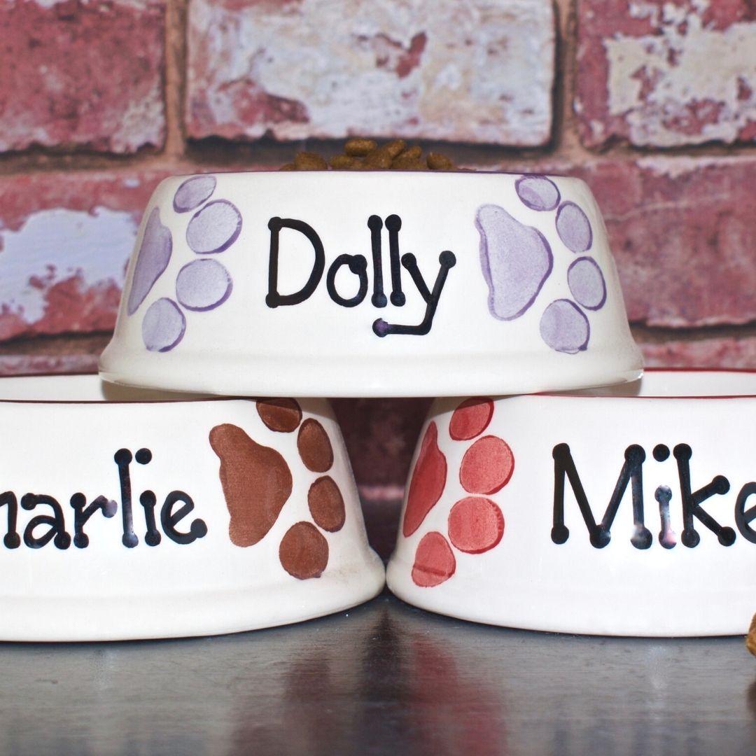Personalised Ceramic Slanted Paw Print Cat Bowl 2