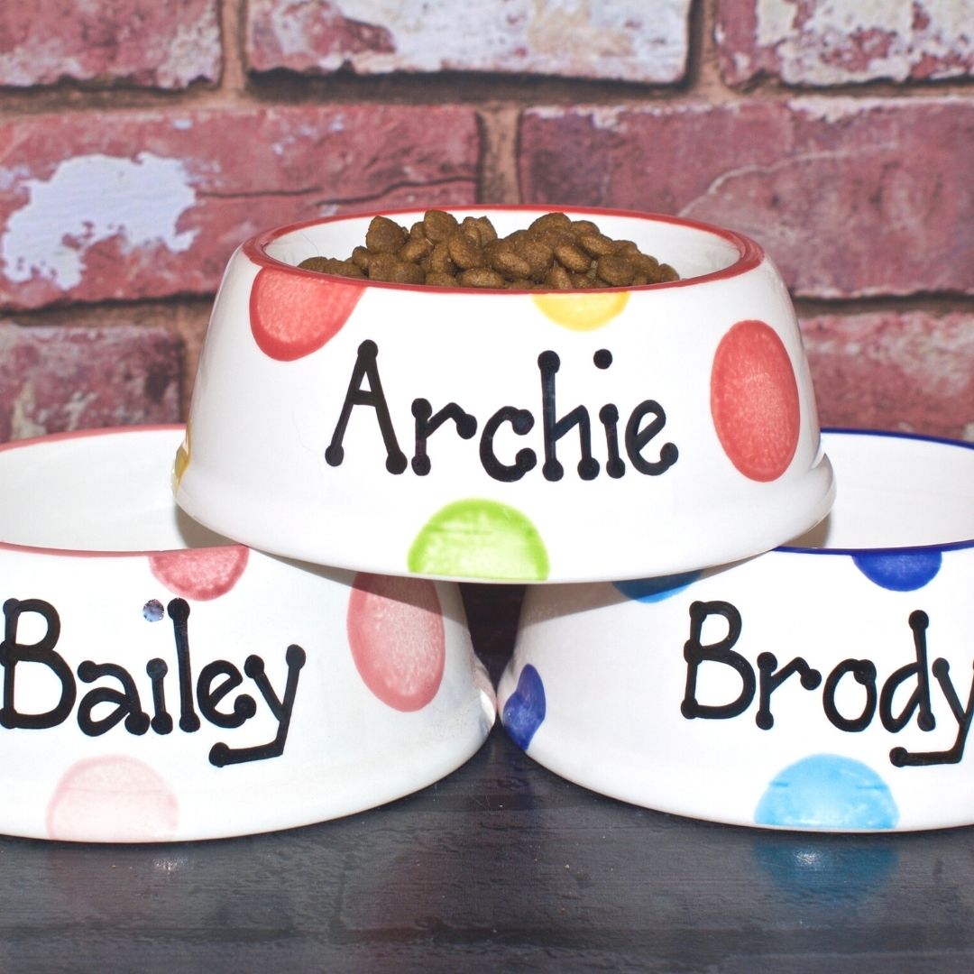 Personalised Ceramic Slanted Spotty Cat Bowls