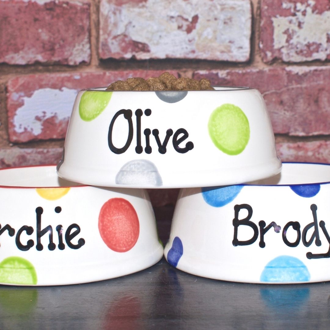 Personalised Ceramic Slanted Spotty Cat Bowls 3