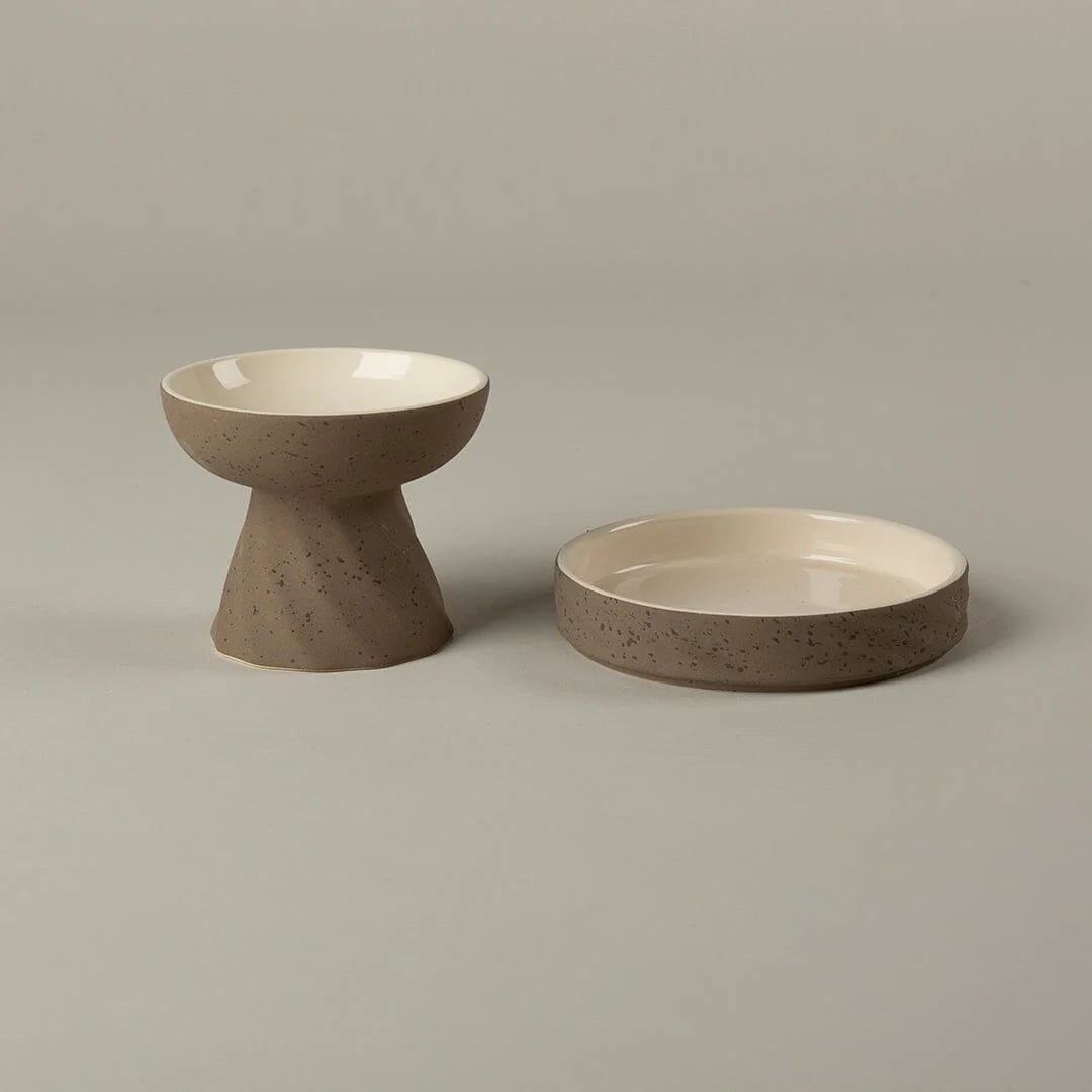 Zen 2 Piece Raised Cat Feeder & Saucer Set - Brown